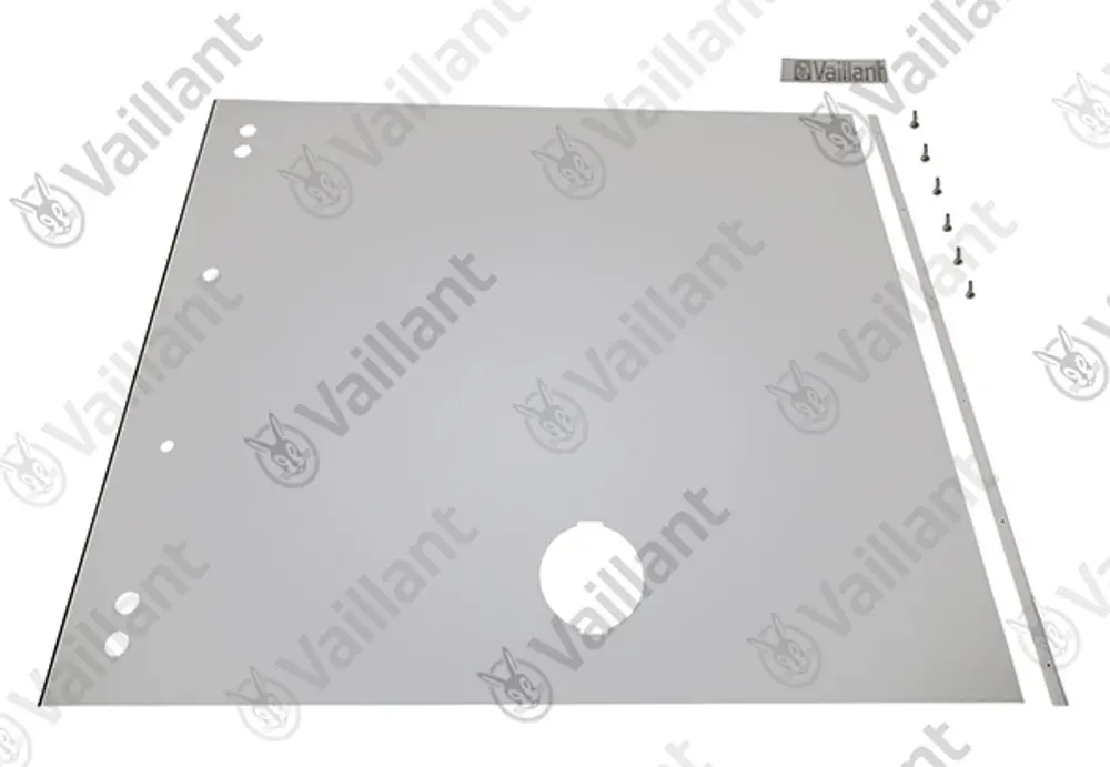 Vaillant Mantelplatte in neutraler Farbe, mit vorgebohrten Löchern zur Befestigung. Enthalten sind Schrauben und eine Leiste.